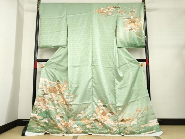 平和屋着物●訪問着　駒刺繍　地紙花文　暈し染め　金彩　仮絵羽　正絹　逸品　未使用　AABD7645ck