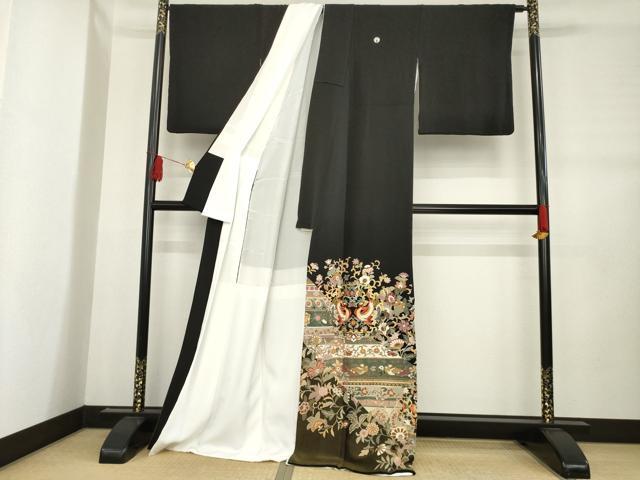 平和屋着物○豪華黒留袖 作家物 駒刺繍 向かい鳥更紗花文 金糸 正絹 