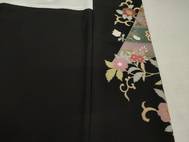 平和屋着物○豪華黒留袖 作家物 駒刺繍 向かい鳥更紗花文 金糸 正絹 