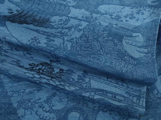 平和屋着物●上質な小紋　紬　本藍　型染め　立波風景文　正絹　逸品　AABD7667ck
