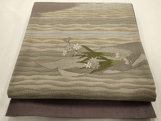 平和屋着物＊夏物　太鼓柄袋帯　草花文　金糸　正絹　逸品　AABD7971wj