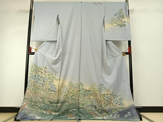 平和屋着物●十日町友禅作家　林静穂　訪問着　風景文　浜ちりめん　暈し染め　反端付き　仮絵羽　正絹　逸品　未使用　AABD8502fy