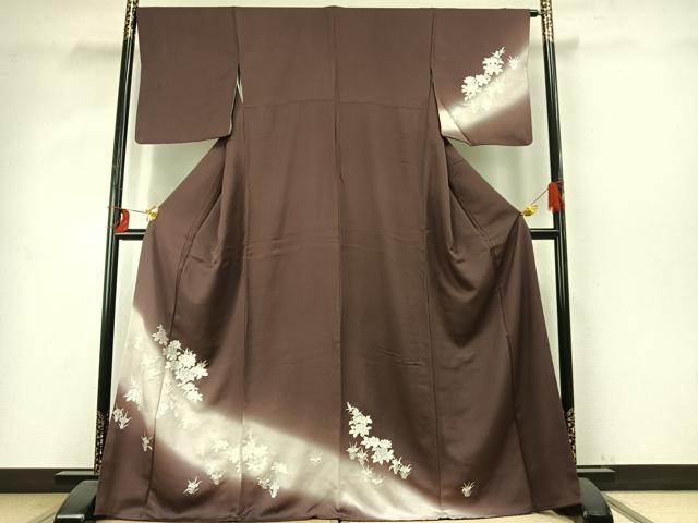 平和屋着物●訪問着　総刺繍　草花文　赤褐色色地　暈し染め　金糸　正絹　逸品　AABD8524fy