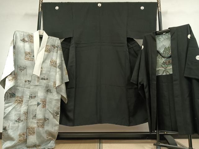 平和屋着物●男性　黒紋付　羽織・長襦袢(袷)セット　正絹　逸品　AABD8574fy