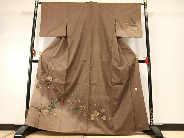 平和屋着物●訪問着　紬地　作家物　草花文　金彩　正絹　逸品　AABD8634fy