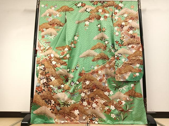 平和屋着物●豪華振袖　駒刺繍　枝花文　金彩　ロング丈　正絹　逸品　AABD8638fy