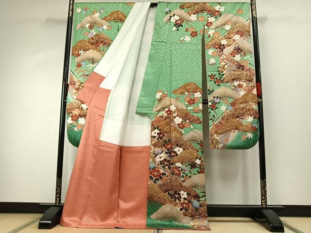 平和屋着物●豪華振袖　駒刺繍　枝花文　金彩　ロング丈　正絹　逸品　AABD8638fy 平和屋着物○豪華振袖 駒刺繍 枝花文 金彩 ロング丈 正絹 逸品