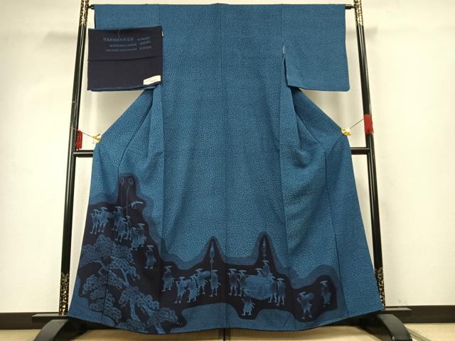 平和屋着物●藍造り国選定無形文化財　藍師・佐藤昭人　大澤石雄　訪問着　人物文　反端付き　正絹　逸品　AABD8670fy