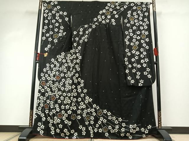 平和屋着物●豪華振袖　絞り　舞花文　黒地　金彩　正絹　逸品　AABD8734fy