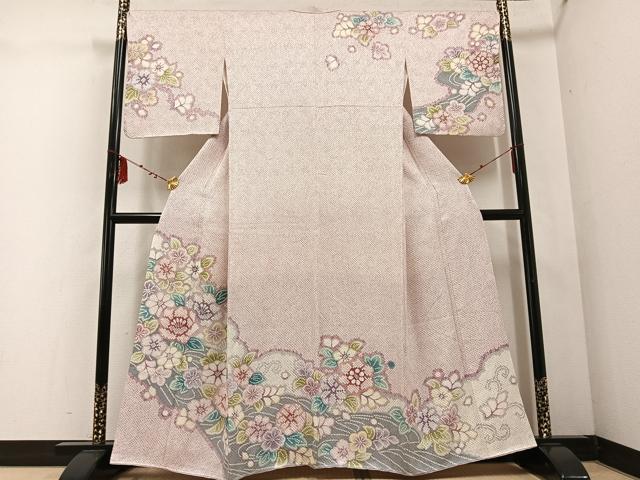 平和屋着物●訪問着　絞り　草花文　正絹　逸品　AABD8819ph