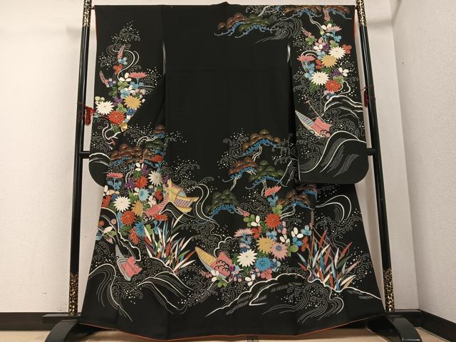 平和屋着物●豪華振袖　友禅　浜松花船文　黒地　正絹　逸品　AABD8843ph