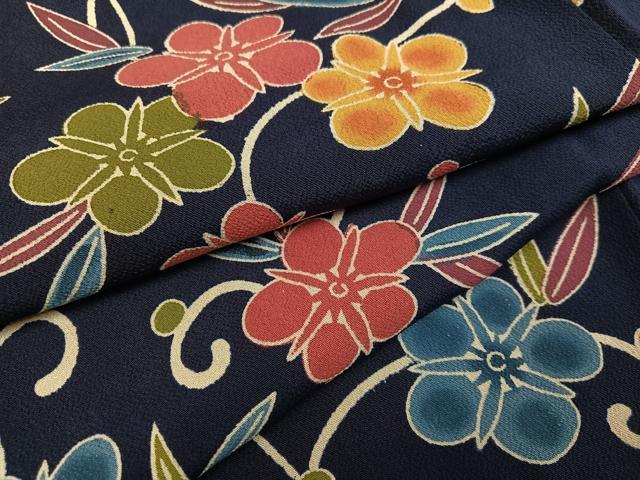 平和屋着物●紅型　小紋　藍　梅唐草文　鬼しぼ縮緬　正絹　逸品　AABD8877ph