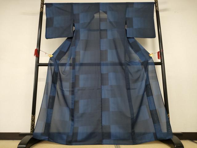 平和屋着物＊夏物　小紋　紗　変わり市松文様　洗える着物　AABD8974jd_1