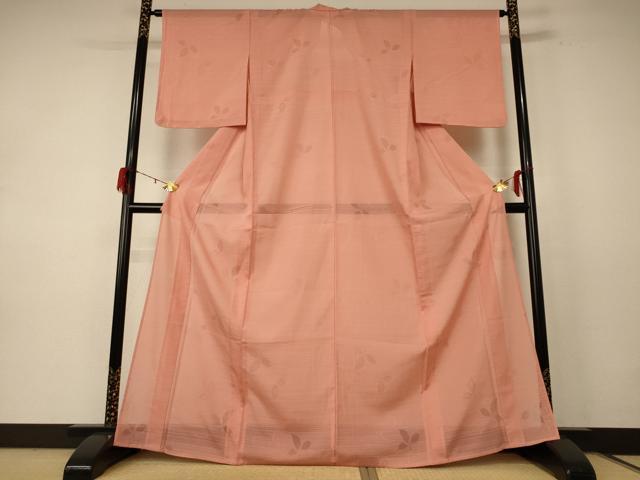 平和屋着物＊夏物　色無地　絽　舞葉文　深支子色　正絹　逸品　AABD9000jd