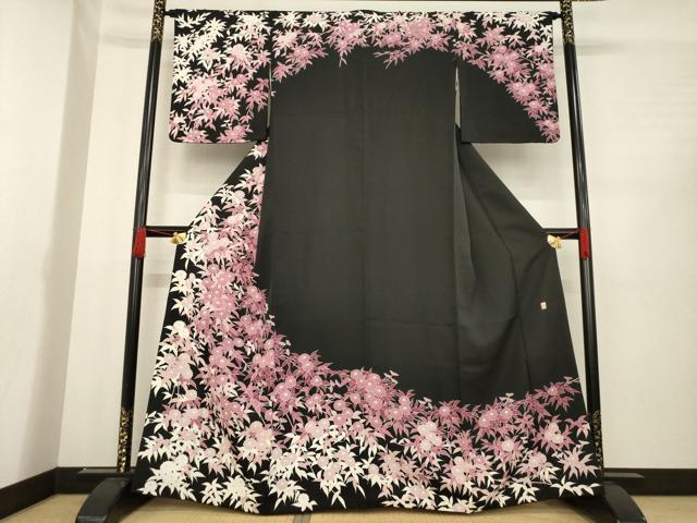 平和屋着物●訪問着　友禅　作家物　草花文　黒地　正絹　逸品　AABD9330ck