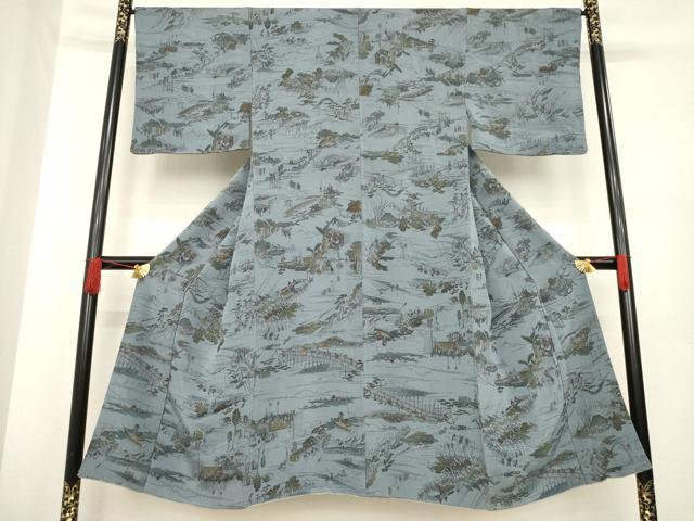 平和屋着物●男性　小紋　型染め　人物風景文　正絹　逸品　AABD9336ck