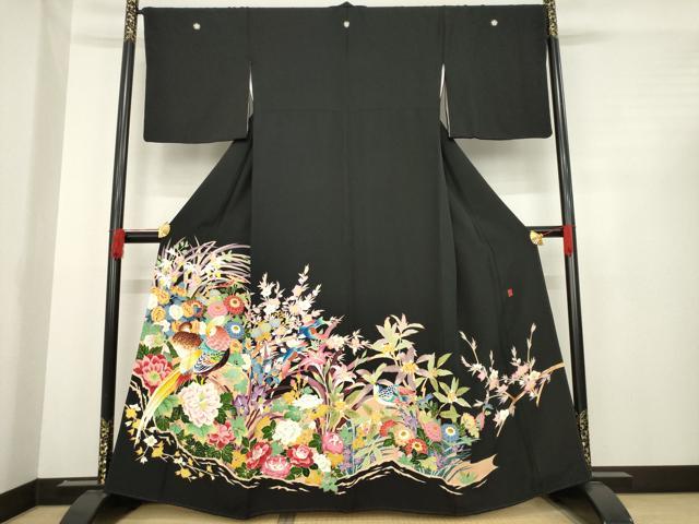 平和屋着物●本加賀友禅作家　直江良三　黒留袖　花鳥文　正絹　逸品　AABD9368ck
