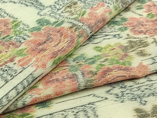 平和屋着物▽上質な紬　単衣　草花文　正絹　逸品　AABD9419jh