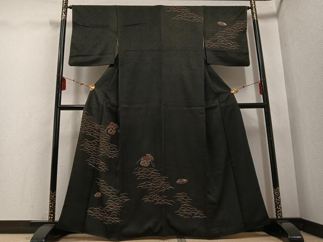 平和屋着物●訪問着　貝桶露芝文　黒地　正絹　逸品　AABD9849ph
