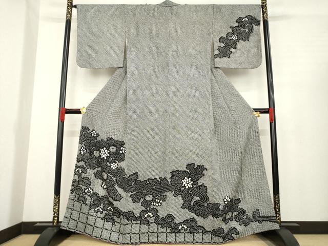 平和屋着物●訪問着　総絞り　流水花文　松　黒地　正絹　逸品　AABD9912ck