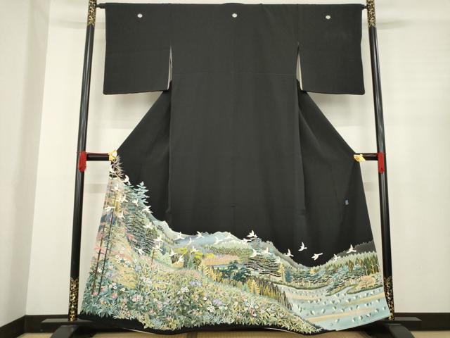 平和屋着物●本加賀友禅作家　西尾翠峰　黒留袖　風景飛鳥文　正絹　逸品　AABD9918ck