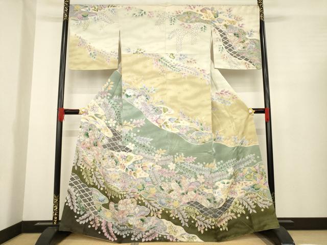 平和屋着物●訪問着　辻が花　雲重ね花文　銀通し地　やまと誂製　正絹　逸品　AABD9928ck