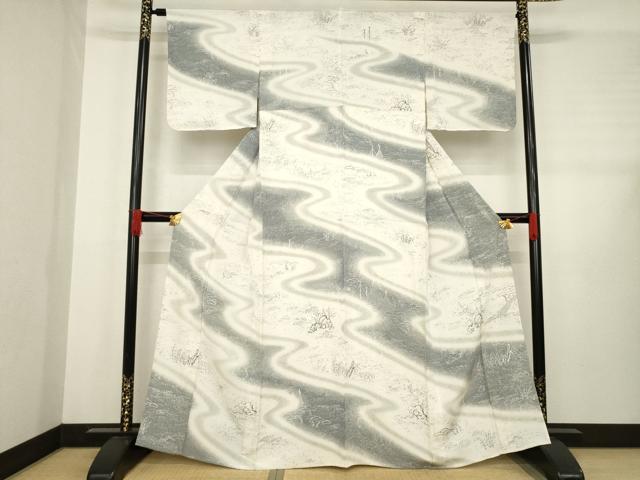 平和屋着物▽訪問着　単衣　手描き　流水文　金糸　正絹　逸品　AABD9930ck