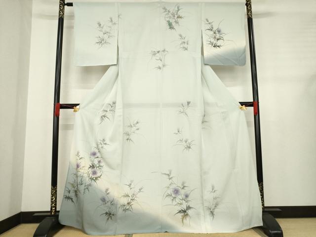 平和屋着物＊夏物　訪問着　絽　手描き　草花文　暈し染め　銀彩　正絹　逸品　AABD9937ck