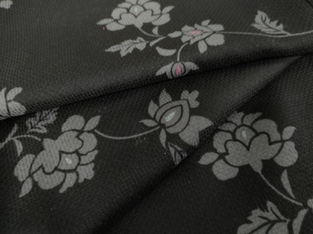 平和屋着物●小紋　更紗花唐草文　黒地　洗える着物　未使用　AABD9996cs