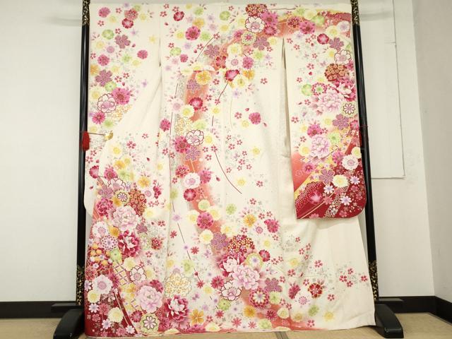 平和屋着物●豪華振袖　刺繍　花蝶文　暈し染め　金銀彩　銀通し地　正絹　逸品　AABE0022cs