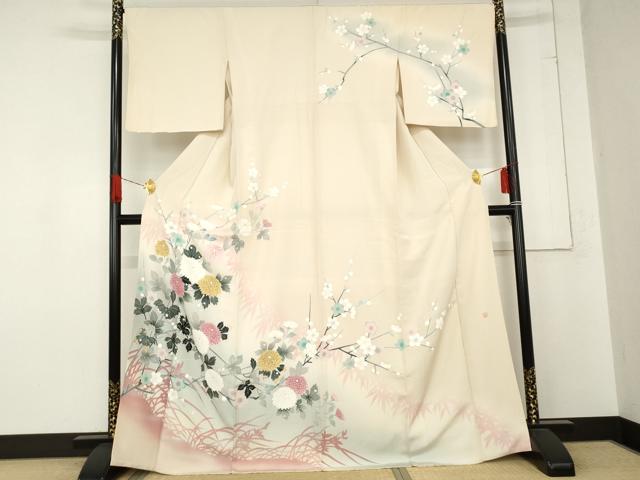 平和屋着物●訪問着　友禅　作家物　枝花文　枝葉シルエット　暈し染め　正絹　逸品　AABE0053cs