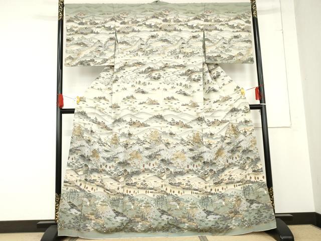 平和屋着物●訪問着　作家物　中国三大刺繍　スワトウ刺繍　汕頭刺繍　京名所　人物風景文　暈し染め　金糸　金彩　正絹　逸品　AABE0059cs