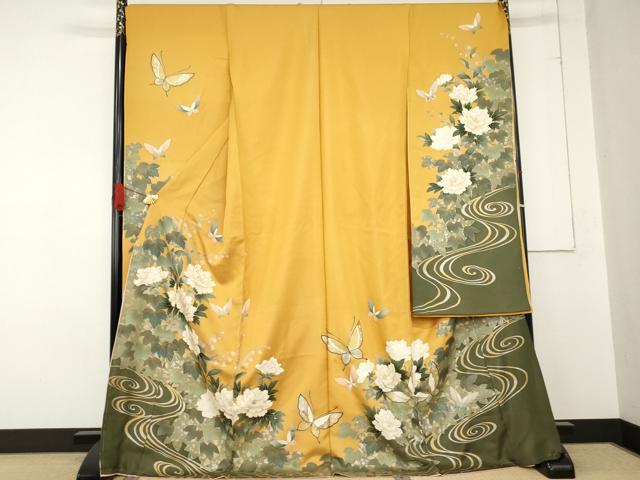 平和屋着物●豪華振袖　駒刺繍　流水花蝶文　金通し地　仮絵羽　逸品　未使用　AABE0064cs