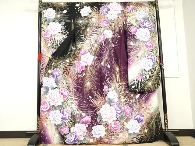 平和屋着物●豪華振袖　Luxjewel 　刺繍　孔雀羽草花文　薔薇　暈し染め　金銀彩　金糸　正絹　逸品　AABE0083cs