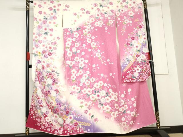 平和屋着物●豪華振袖　辻が花　枝垂れ花文　暈し染め　銀通し地　正絹　逸品　AABE0084cs