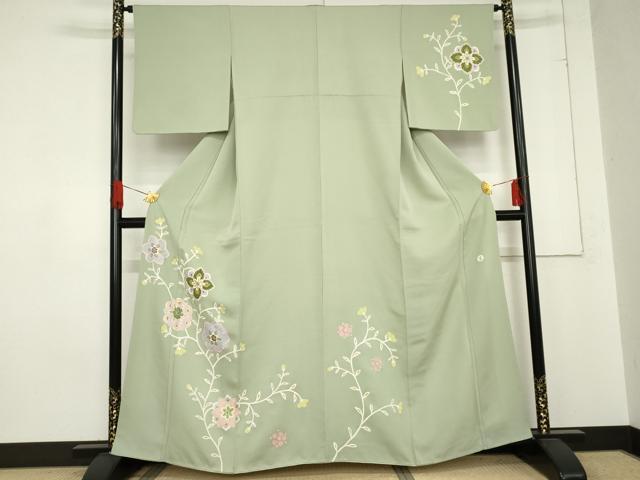 平和屋着物●京友禅作家　米沢新之助　訪問着　駒刺繍　枝花文　金彩　正絹　逸品　AABE0092cs