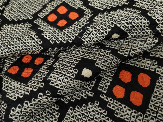 平和屋着物●上質な小紋　総絞り　亀甲花文　黒地　正絹　逸品　AABE0128cs