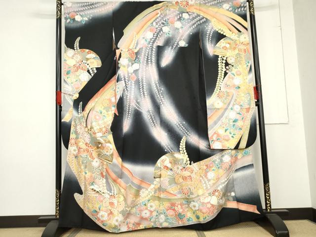 平和屋着物●豪華振袖　辻が花　絞り　扇面吉祥花松文　暈し染め　黒地　金彩　正絹　逸品　AABE0139cs