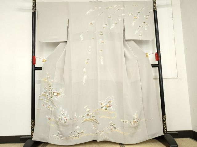 平和屋着物●訪問着　友禅　駒刺繍　吉祥枝花文　金彩　鬼しぼ縮緬　正絹　逸品　AABE0151cs