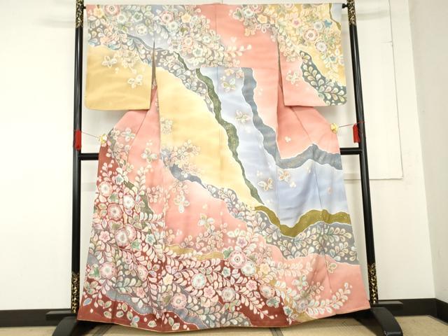 平和屋着物●越後十日町の一流染匠　桐屋・翠山工房　訪問着　辻が花　絞り　暈し染め　金彩　銀通し地　正絹　逸品　未使用　AABE0152cs