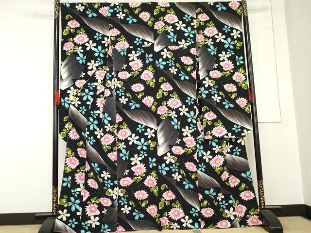 平和屋着物●豪華振袖　草花文　暈し染め　黒地　正絹　逸品　未使用　AABE0163cs