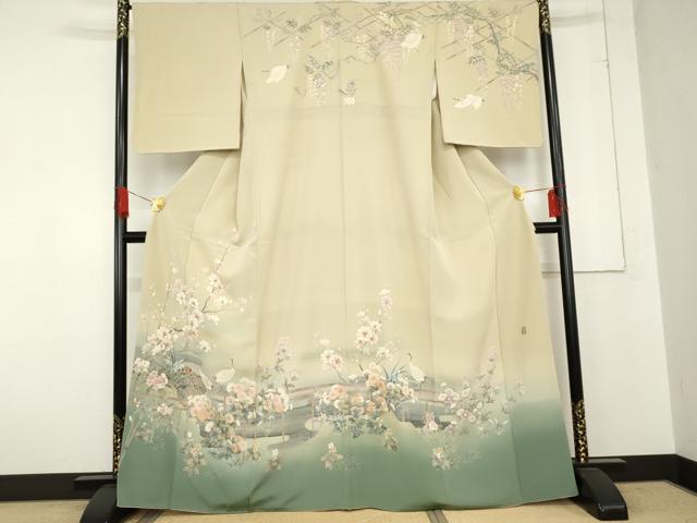 平和屋着物●訪問着　友禅　作家物　松葉　土車　流水枝花に群鶴　暈し染め　金銀彩　小田急百貨店扱い　正絹　逸品　AABE0170cs