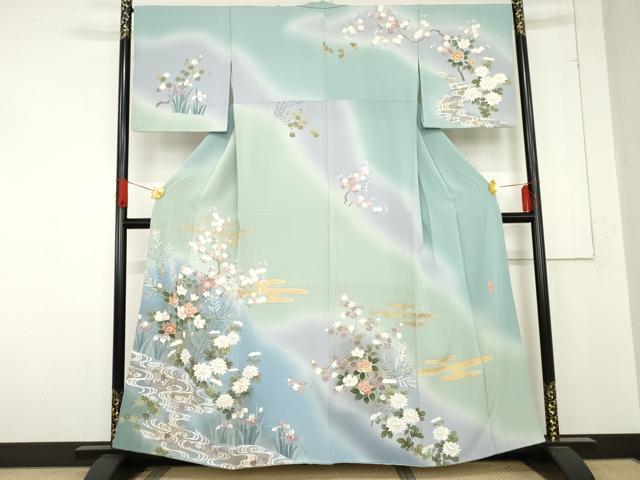 平和屋着物●熊野桂堂　友禅　蝋纈染　訪問着　エ霞み流水枝花文　暈し染め　金彩　正絹　逸品　AABE0172cs