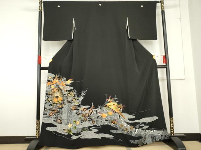 平和屋着物●創業460年・千總　黒留袖　駒刺繍　扇面鳳凰吉祥花文　金糸　正絹　逸品　AABE0176cs