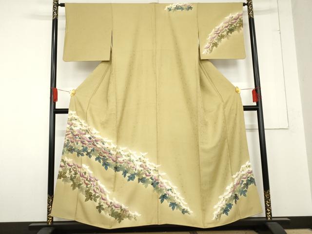 平和屋着物●京の名門　じゅらく謹製　帝王紫(古代帝王紫)　訪問着　刺繍　横菊　枯草色　暈し染め　金彩　正絹　逸品　AABE0178cs