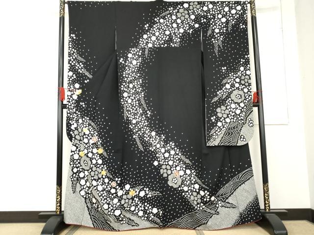 平和屋着物●豪華振袖　絞り　駒刺繍　枝垂れ花文　黒地　京都きもの友禅扱い　正絹　逸品　AABE0185cs