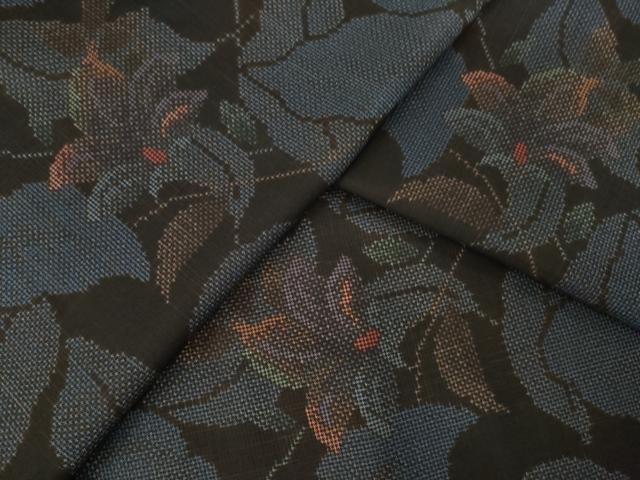 平和屋着物●本場大島紬　一元7マルキ　草花文　黒地　正絹　逸品　未使用　AABE0250ck