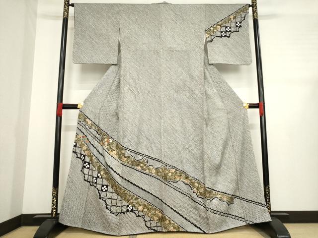 平和屋着物●訪問着　総絞り　刺繍　草花文　黒地　金彩　正絹　逸品　AABE0257ck