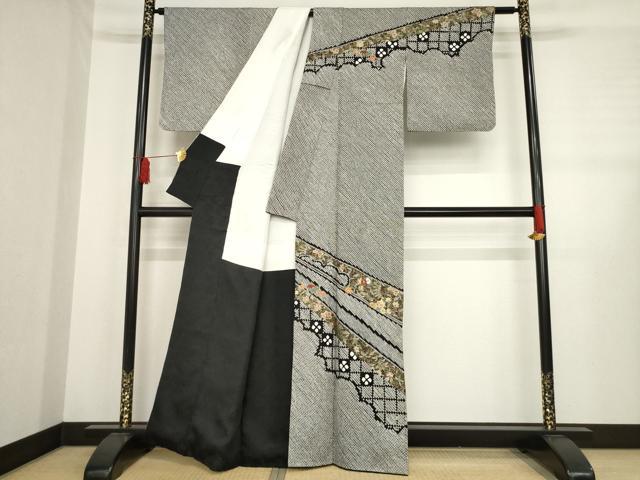 平和屋着物○訪問着 総絞り 刺繍 草花文 黒地 金彩 正絹 逸品 AABE0257ck