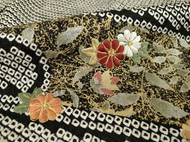 平和屋着物○訪問着 総絞り 刺繍 草花文 黒地 金彩 正絹 逸品 AABE0257ck